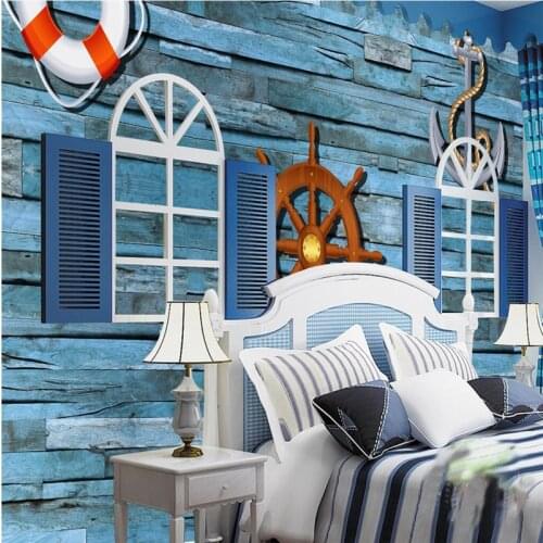 Beibehang Custom 3d wall paper Mediterranean style horizontal striped blue retro nostalgia wood wallpaper background wall