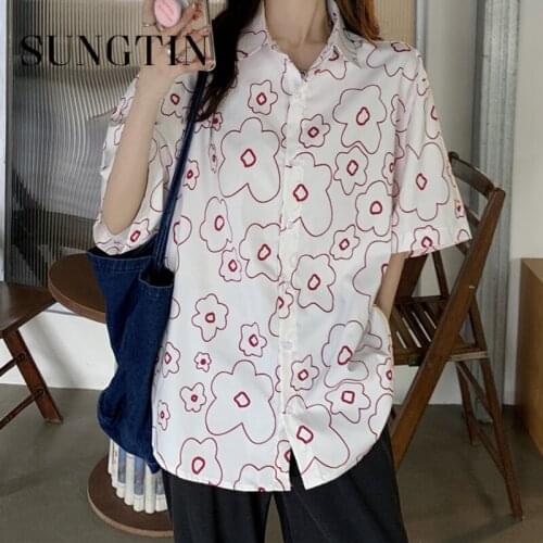 Sungtin Summer Floral Loose Blouses Women Korean Fashion Print Buttoned Shirt Blouses Casual Short Sleeve Long Shirts Streetwear