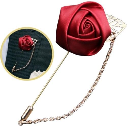 Lapel Pins Canvas Fabric Ribbon Tie Pin Collar Flower Long Needle With Chain Women Mens Suit Gold Leaf Rose Flower Brooches