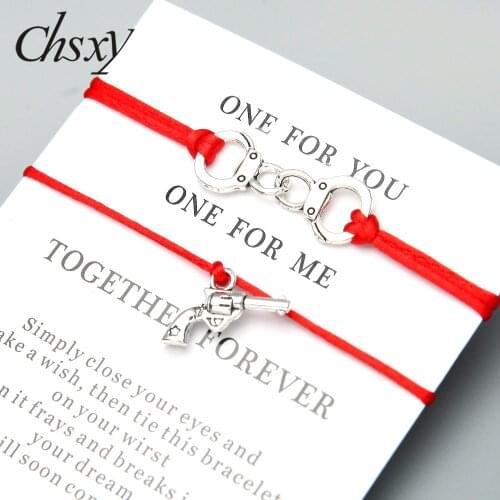CHSXY 2Pcs/Set Partners In Crime Bracelet Thin String Braiding Handcuffs Gun Charm Friends Couple Bracelet Set Relationship Gift