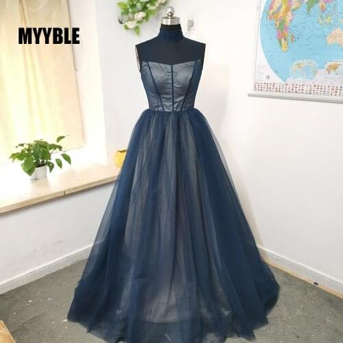 MYYBLE Elegant Real Photo Navy Blue Prom Dresses 2021 Noble High Neck Sexy A-line Long Formal Party Dresses Vestido Longo Festa