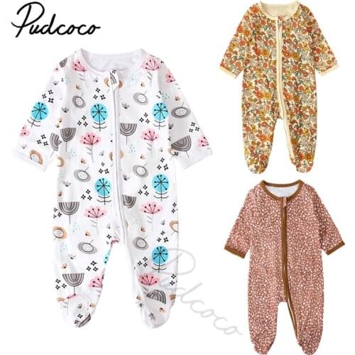 Newborn Baby Girl Long Sleeve Footed Cover Jumpsuit 100% Cotton Cartoon Floral Zipper Footies Pants Headband Sleepwear 0-12M