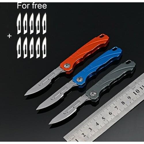 Mini Keychain Protable Folding Knife Pocket Box Cutter Key Chain Utility Knife Carving Tool Peeler Camp Knives With 10pcs Blade