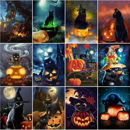 MomoArt Halloween Cat Diamond Embroidery Cross Stitch Kits Diamond Painting Pumpkin Full Square Mosaic Crafts Home Decoration