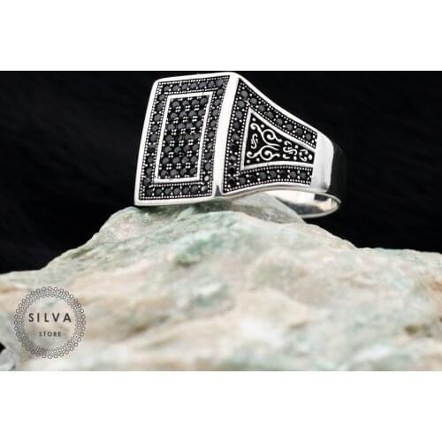 Original Sterling 925 Silver Mens ring With Black Zircon Stones . Mens Jewelry All Sizes Are Available