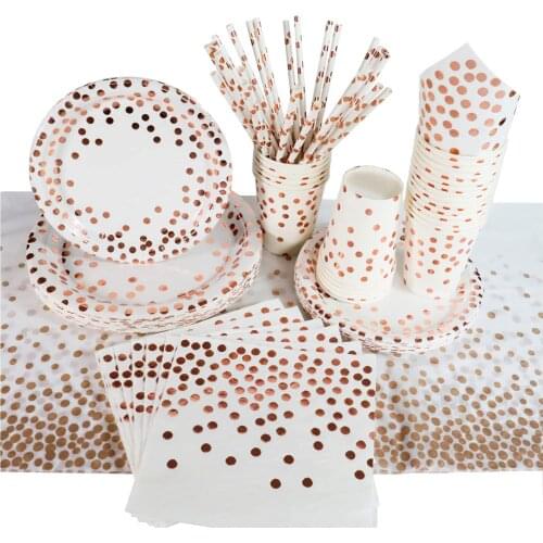 Rose Gold Dot Party Supplies Tableware Plates Napkins Cups Straws Decorations Disposable Dinnerware Sets for Birthday Wedding