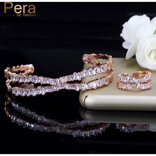 Pera Fashion 2 Piece Adjustable Size Party Jewelry Gift AAA Cubic Zirconia Rectangle Baguette Bangle And Ring Set For Women Z016