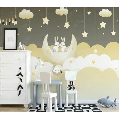Papel de parede hand-painted cartoon moon boat white rabbit cloud childrens room 3D wallpaper mural,living room home decor