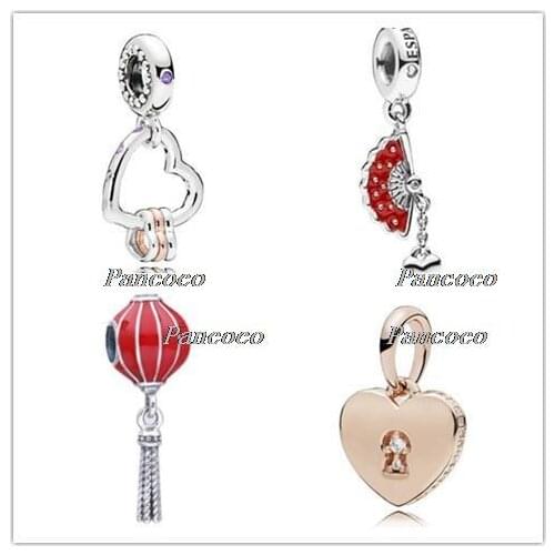 925 Sterling Silver Charm Rose Hearts Highlights WIth Crystal Pendant Beads Fit Pandora Bracelet & Necklace Jewelry