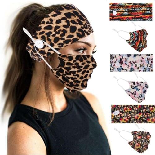 Leopard Print Women Hair Bands Button Headband with Mask Head Wrap Hairband Women Hair Accessories Unisex Running Band