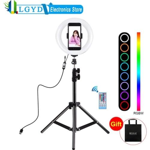 PULUZ LED RGB Ring Light+Tripod Holder Mount for Vlogging/Live Broadcast/YouTube Video Phone Selfie Light Kits with Phone Clamp