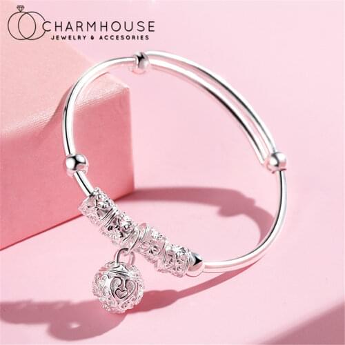Silver 925 Bangles For Women Exquisite Ball Bell Cuff Bangle & Bracelet Wristband Pulseira Femme Wedding Bridal Jewelry Bijoux