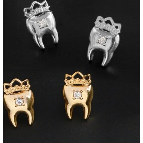 Crown Tooth Earrings Rhinestones Gold Silvery Alloy Crown Teeth Stud Earrings Dentist Jewelry Doctor Nurse Graduation Gifts
