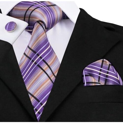 SN-457 Purple Plaid Tie Hanky Cufflinks Sets Mens 100% Silk Ties for Men Formal Wedding Party Groom