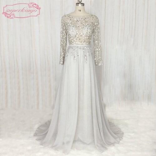 SuperKimJo Silver Prom Dresses 2020 Backless Beaded Long Sleeve Real Photo Cheap Prom Gown Vestido De Festa De Longo