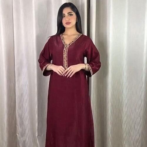 Loose Long Sleeve Maxi Dress for Women Plus Size Summer 2021 New Dubai Abaya Fashion Diamond Ribbon V Neck Muslim Arabic Robe