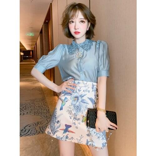 Top Quality Beaded Embroidered Baby collar single breasted shirt summer new