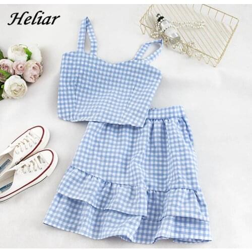 Heliar Women Two Pieces Sets Elastic Spaghetti Crop Tops And Flounce Hem Skirts Cute Outfits Plaid Sets For Women 2021 Summer