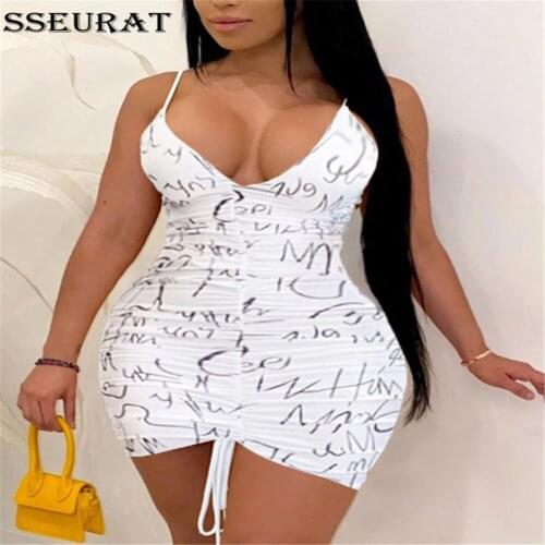 SSEURAT Women Mini Dress Letter Print Sleeveless Strap V-neck Shirring Bodycon Dresses Sexy Night Club Party Vestidos Summer