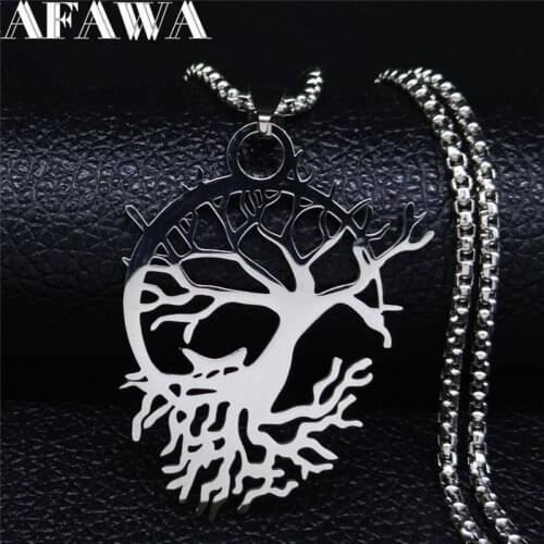 Witchcraft Moon Tree of Life Stainless Steel Statement Necklace Silver Color Necklaces Pendants Women Jewelry kolye N3087