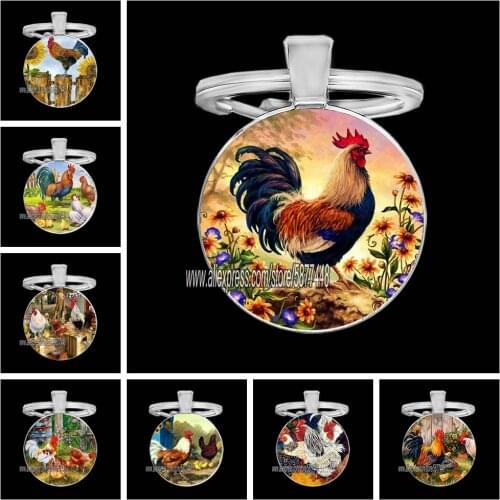 Floral Chicken Rooster Glass Cabochon Keychain Cute Chicken Glass Key Ring Lovely Animal Cock Purse Bag Key Holder for Women