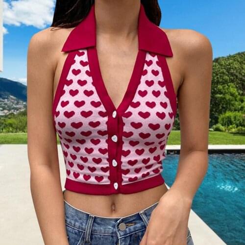 For Y2K Tank Top Printing Halter Neck V Halter Slim Vest Ladies Summer Sexy Top Casual Street Heart Print Vest