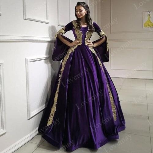 Purple Velvet Caftan Muslim Evening Dresses 2021 Long Sleeves Appliques Evening Gowns Arabic Elegant вечернее платье Prom Gowns