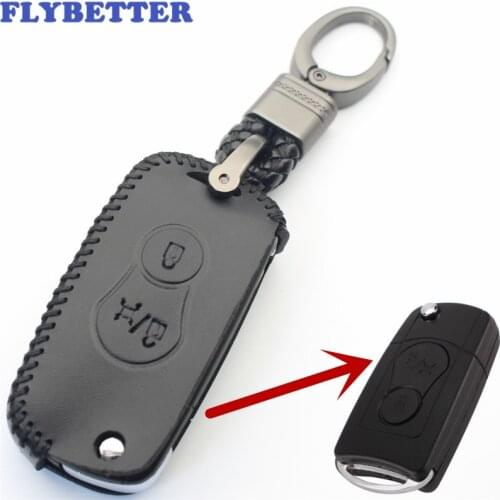 FLYBETTER Genuine Leather KeyChain 2Button Flip Key Case Cover For Ssangyong Actyon/SUV/Kyron L358