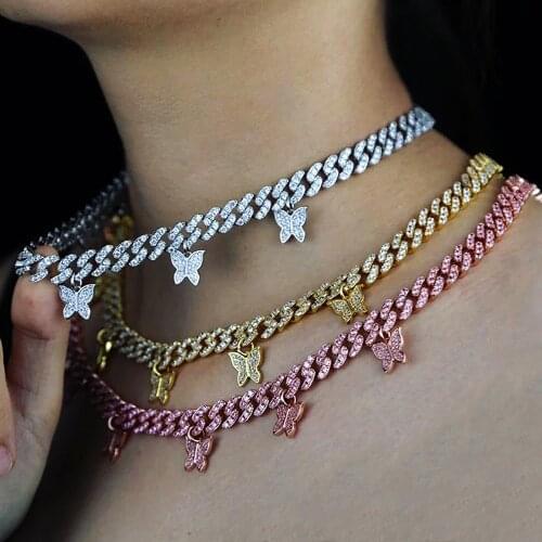 Hip Hop Iced Out Butterfly Necklace Cuban Chain Jewelry for Women Fashion Cute Butterfly Pendant Necklace Rhinestone Choker