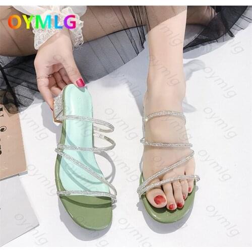 2021 summer new fairy style net celebrity slippers wear Roman open-toed fashion two-wear thick-heeled rhinestone sandals