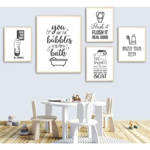 Black White Bathtub Toilet Toothbrush Wall Art Canvas Painting Nordic Posters And Prints Wall Pictures For Toilet Room Decor