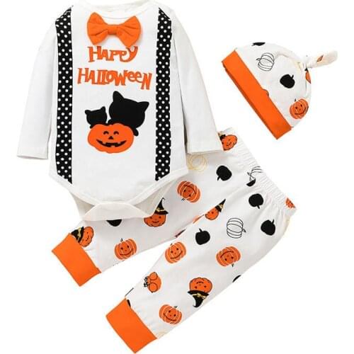 2021 New Infant Toddler Baby Halloween Costume Cute Long Sleeve Rompers Pumpkin Pants Hat Baby Boys Girls Suit 3-24M