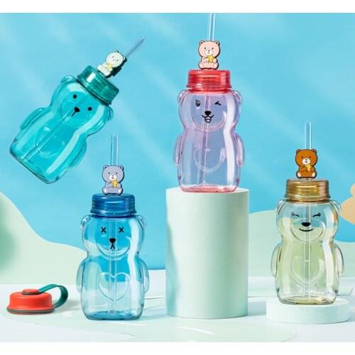 Plastic Cups With Lid And Straw Cute Kawaii Tumbler Bear Cup Creativity Transparent Double Cover Reusable Drinks Milk Water Cup