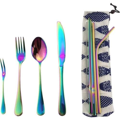 Portable 8Pcs/set Tableware Reusable Travel Cutlery Set Camp Utensils Set with stainless steel Spoon Fork Chopsticks Straw Bag