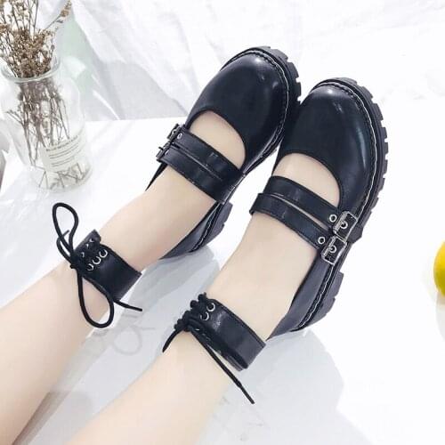 Lolita Shoes Double Buckle Platform Shoes Patent Leather Ankle Strap Thick Sole Girls Shoes Retro Lace Up Casual Shoes 8981L