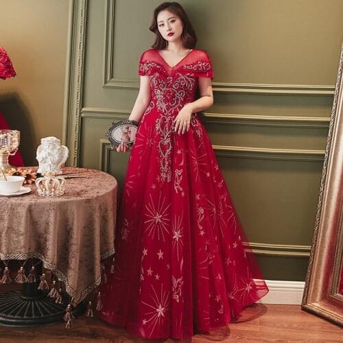 Evening Dress Floor-Length Pleat Burgundy A-Line Sequins Embroidey Short Sleees V-Neck Elegant Plus Size Women Formal Gowns D894
