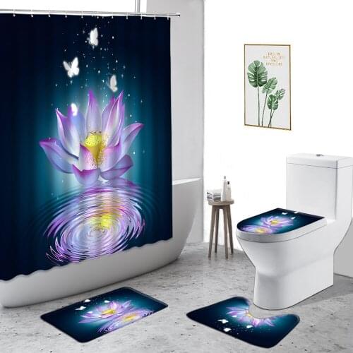 Purple Lotus Zen Stone Shower Curtains Green Bamboo Flower Bathroom Decoration Curtain Set Non-Slip Bath Mat Toilet Cover Carpet
