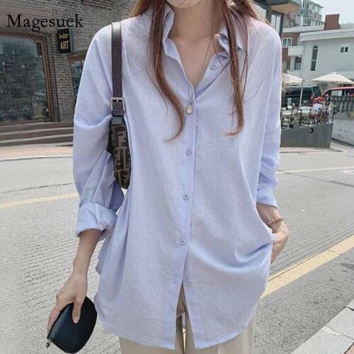 Plus Size Korean Style Vintage 2020 Cardigan Mid-length White Shirt Women Spring Autumn New Long Sleeve Satin Loose Blouse 12290