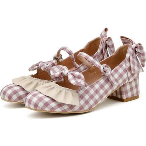 Womens Plaid Lattice Pumps Shoes Plaid Cloth Bow Knot Round Toe Block Mid Heel Sandals Mary Janes Lolita Shoes Girls New 2021