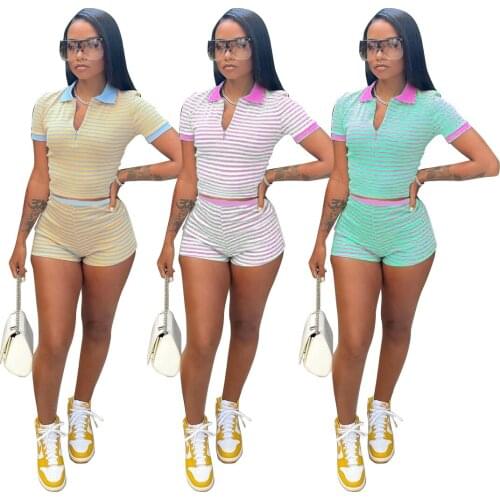 Echoine Summer stripe Print Two Piece Set Women zipper Crop Top and Skinny Stretchy Shorts Sexy Fitness Tracksuits Party Outfits