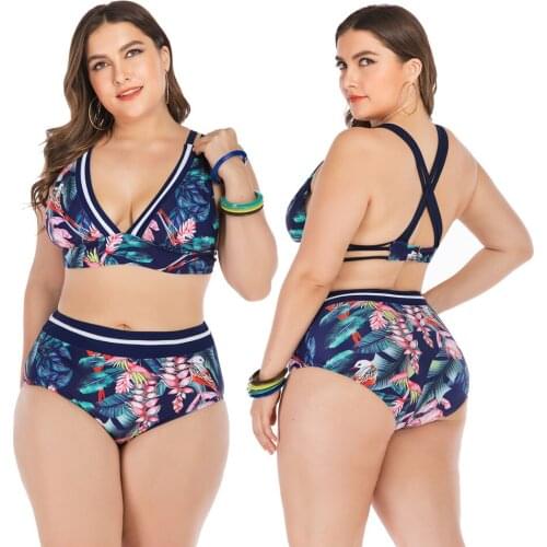 Womens Plus Size Two Piece Swimsuit Cross Back Padding High Waist Tummy Control Bikini set Printed Bathing Suits Swimwear