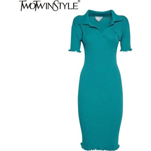TWOTWINSTYLE Casual Solid Dress For Women Lapel Short Sleeve High Waist Slim Midi Dresses Female Summer Fashion Clothing Stylish