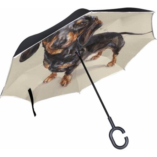 Longing Dachshund Folding Reverse Umbrella Double-Deck Inverted Windproof Rain Car Umbrellas C Hand Holder Stand Dog Umbrella