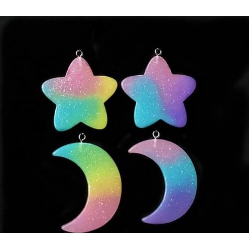 12pcs Cute Multicolor Resin Flatback Moon And Star Charms For Necklace Keychain Pendant DIY Making Accessories