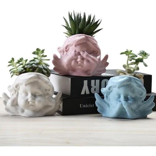 Nordic 12cm Ceramic Cute Angel Head Flower Pot Cactus Succulents Plants White Flower Vase Home Wedding Decoration Bonsai Pot