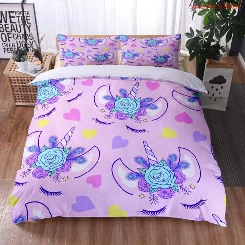 3D Unicorn Kids Adult Quilt Cover Star Eyelash Lover Print Girl Bed Lines Pillowcase Animal Bedspread 2/3pcs Cartoon Bedding Set