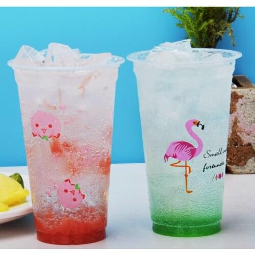 50pcs 90 caliber flamingo peach pattern disposable cold drink plastic cup summer juice milk tea beverage packaging cup with lid