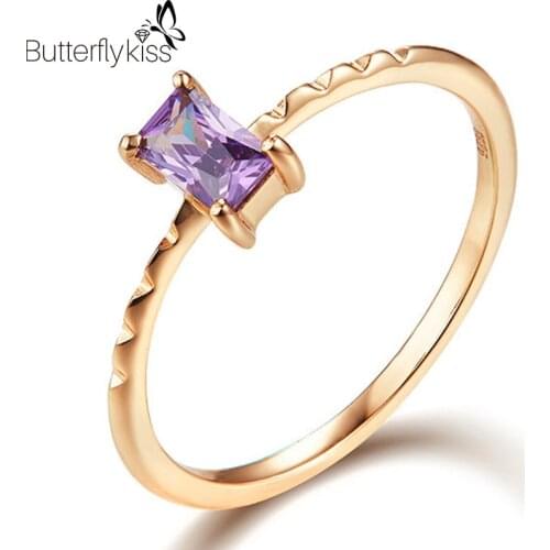 BK Light Purple Zircon Ring For Women Genuine Gold 585 Vintage Style Rectangle Gemstone Jewelry Wedding Party Female Gifts