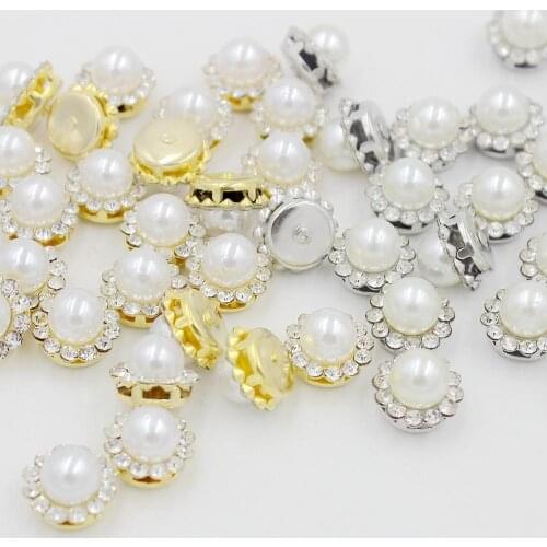 Multi Sizes Round Pearl Crystals Button Gold/Sliver Stainless Steel Setting Metal Tray Rhinestones DIY Jewelry Dress Wedding