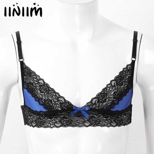 Mens Male Gay Erotic Lingerie Bras Tops for Sissy Wedding Parties Spaghetti Straps Floral Lace Trim Wire-free Unlined Bra Tops